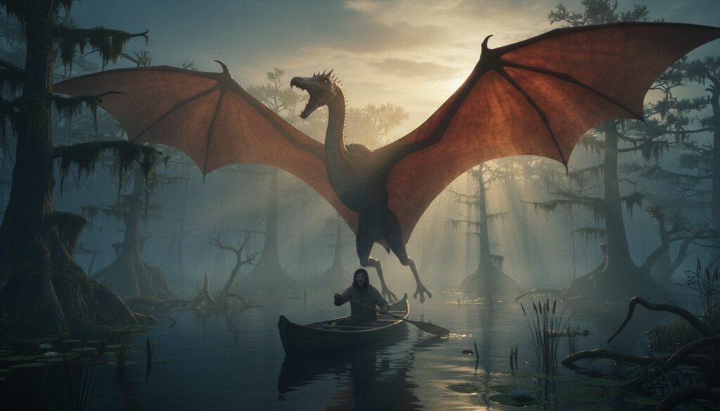 Artist’s rendering of the Kongamato, a pterosaur-like cryptid, soaring over a misty African swamp at dusk.