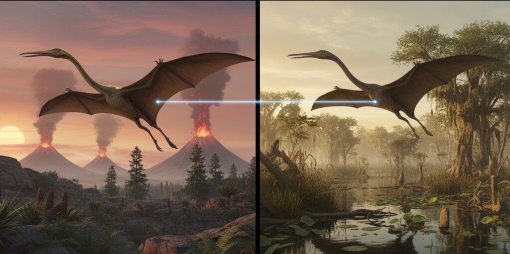 Comparison of a prehistoric pterosaur and the modern Kongamato cryptid, highlighting their striking similarities.