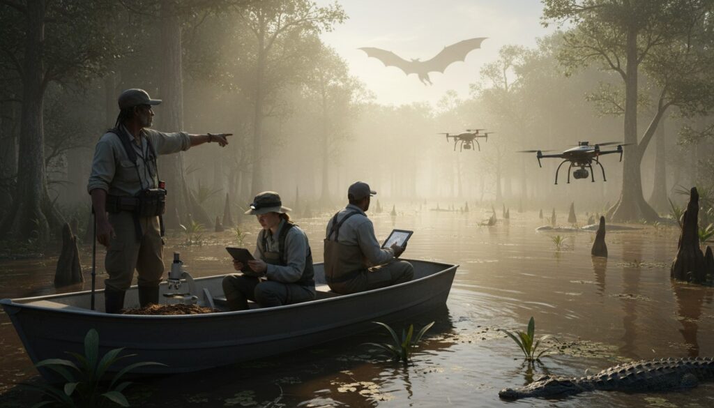 Scientific expedition team investigating the Kongamato legend in the Jiwundu swamps, equipped with drones and sampling tools."