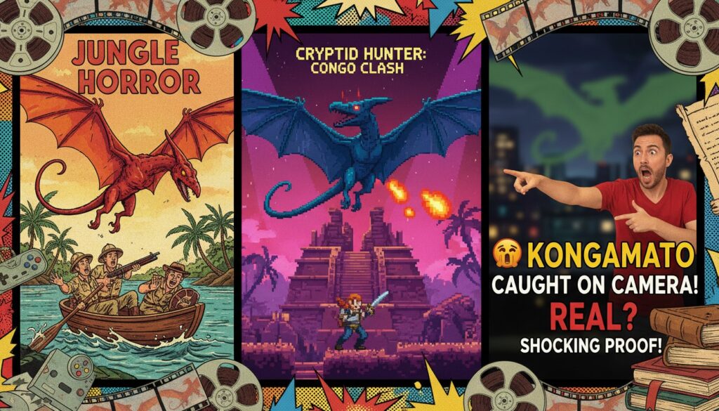 Collage illustrating the Kongamato’s influence on pop culture, from B-movies to video games and YouTube.