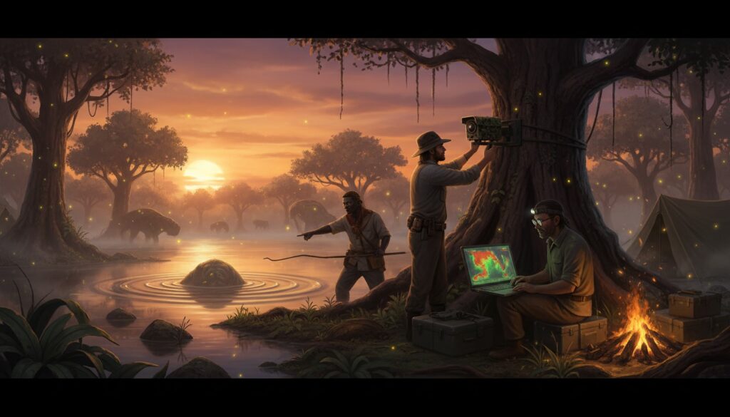 Cryptozoology team preparing for a Kongamato expedition in the Jiwundu swamps at dusk.